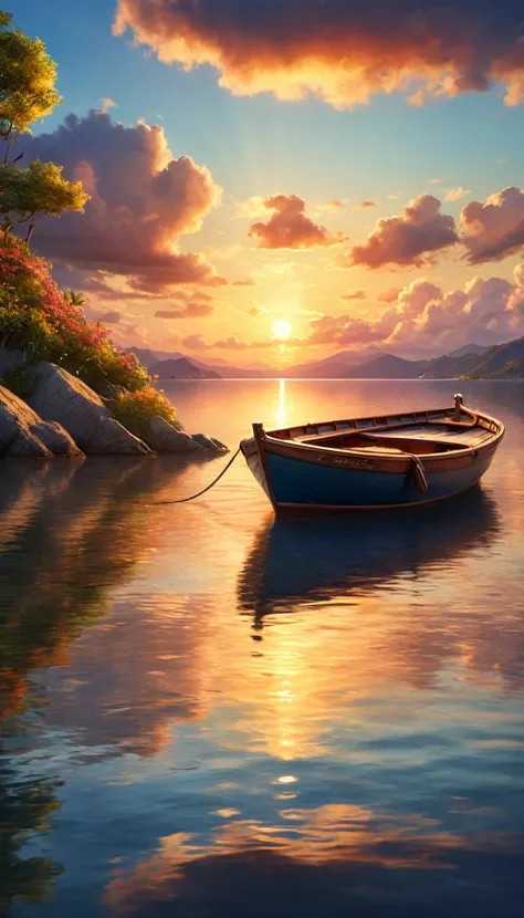 a cozy boat anchored at sunset, calm water, golden hour lighting, idyllic coastal landscape, detailed clouds, beautiful colors, dramatic sky, photorealistic, concept art, highly detailed, 8k, masterpiece, vibrant colors, studio lighting, digital art, hyper...