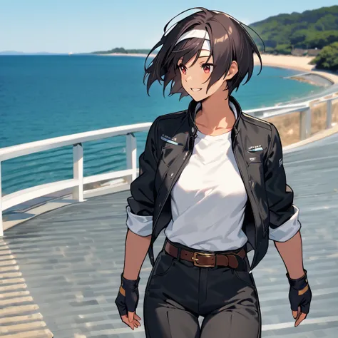 1 person, woman, ((  black jacket with arms rolled up)), Fingerless gloves,  white t-shirt, ((white headband)),  long black pants , White shoes, Brown Belt,  shortcuts,  Black Hair Fluttering in the Wind , red eyes, Dark Skin Tone, (Subaru Impreza ), ((車のフ...