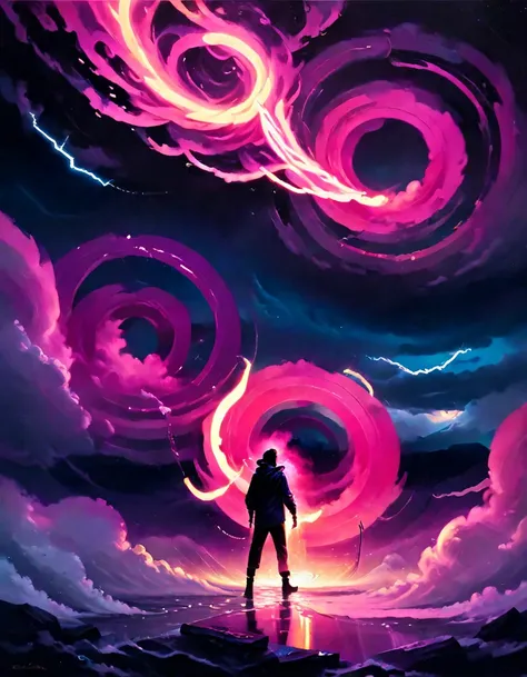 Chad is standing in front of a large piece of abstract art. The art is titled "In the Loop:0.0". The piece features several interconnected rings or loops painted in bright, inviting colors. The colors are predominantly pink. Chad is looking at the art with...