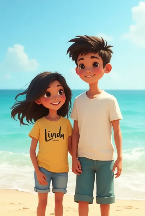 A sweet girl named her t shirt as Linda on right side of the t shirt. Background is sea
She with a boy taller than her
His name is nirmal
His name is printed right coner of his t shirt