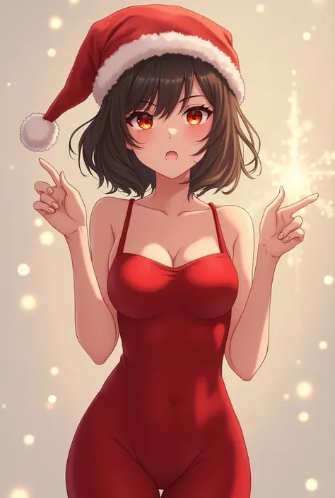 female anime character in a Christmas mood, wearing a Christmas bonnet and red clothes (sexier to be attractive), make her extending her hands forward while bowing, make her with short hair and highlighted curves, realistic image, make her look like full b...