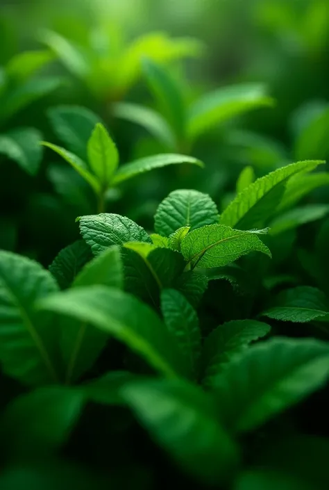 A scence with nature and green leaves. In the middle of the picture, there will be the word: "Matcha", but it can only be seen by squinting eyes so please hide it with the leaves.