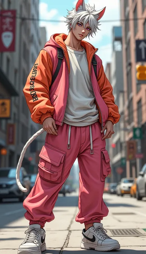 Realistic manga style full body image , of a man, White, Half human and half male feline, com cabelos Whites, magenta eyes, fit physical size and thin ,  with a serious face and intellectual look, Wearing American street dance clothes,  in the colors pink,...