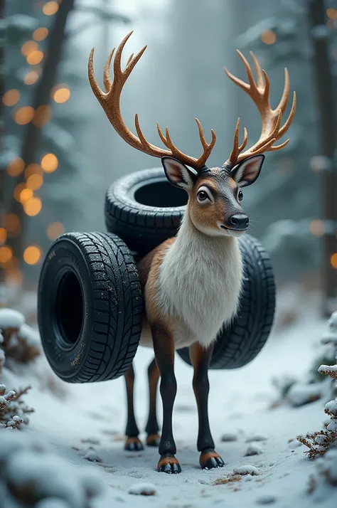 Pretty reindeer carrying black tires at Christmas 
