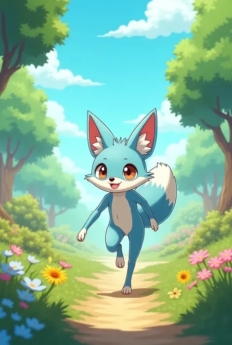  Create a retro video game-style anime character in a 2d  .  He looks like a fox  , but its color is a very light blue . Hes in a world , colorful and natural , with trees, flowers and animals .  The sky is blue and the sunlight shines  ,  reflecting on th...