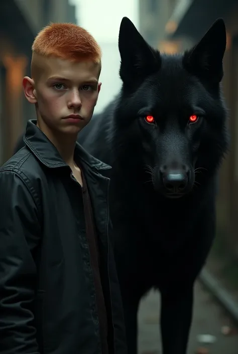 A ginger teen with a buzzcut, no right hand, wearing 20th century simple clothes, red eyes, with a black wolf with red eyes beside him. High Resolution, Anatomically Correct, Best Quality, standing in a street alleyway Masterpiece, High Details, Super Deta...