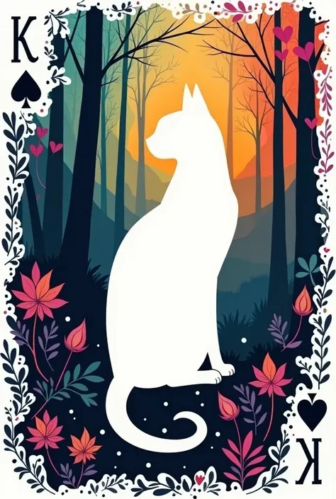  silhouettes a card of playing cards of spades to print with a cat theme with a background of multicolored trees ,  only your white cat  , Let it be letter k 
