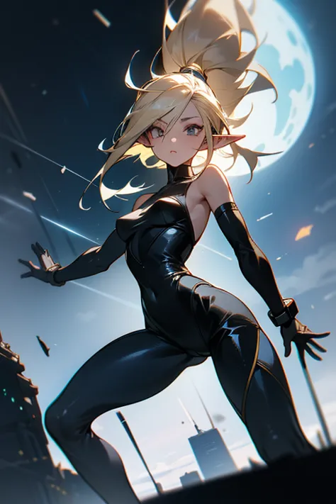 an anime version of ultra high definition, realistic image of a dimunitive, athletic female blonde elf (pointy ears) who is wear...