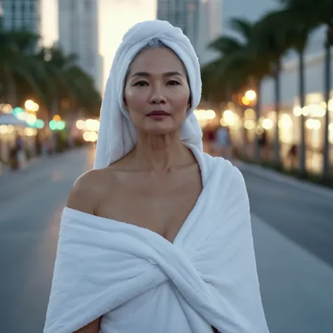 cinematic film still of bright light, bright, a middle aged sexy gray haired still very young looking Asian woman wearing only a white towel on her head completely covering her head and she is naked full body view she i s walking around the city of Miami s...