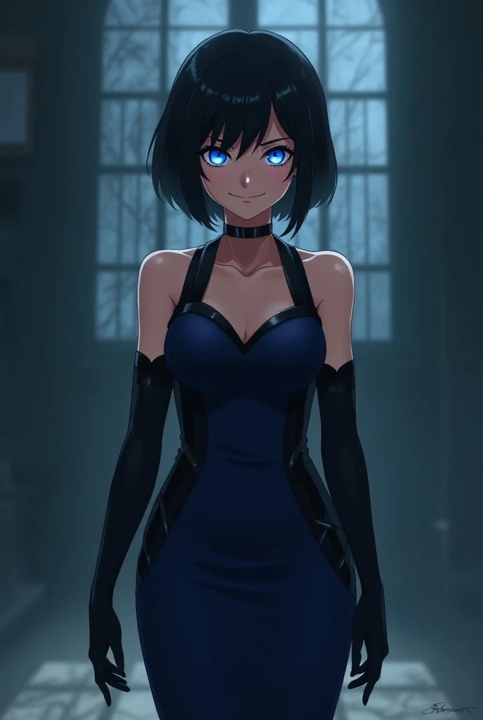 A small woman with short black hair has bright blue eyes that reflect coldness, power and control. . She has a smile that shows satisfaction and dark intentions and is dressed in an elegant small dark blue dress with black touches and has black gloves that...