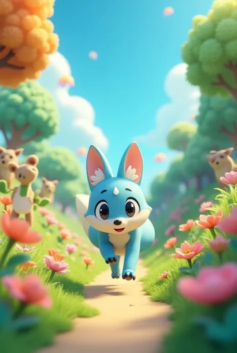 Create a retro videogame-style anime character in a 3d world  .  He looks like a fox  , but its color is a very light blue . Hes in a world , colorful and natural , with trees, flowers and animals .  The sky is blue and the sunlight shines  ,  reflecting o...