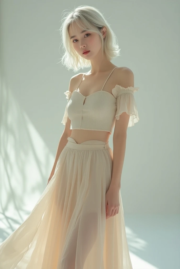 Korean woman with short wavy white hair with bangs wearing a cropped and a skirt, Full body photoshoot style photo 