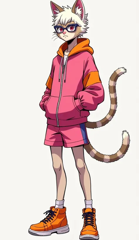 Realistic manga style full body image , of a boy , White,  half human and with the characteristics of a male feline, com cabelos Whites, magenta eyes, fit physical size and thin ,  with a serious face and intellectual look, wearing prescription glasses and...