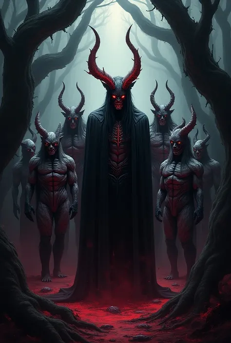 Demons  are standing with the king of devil in forest 