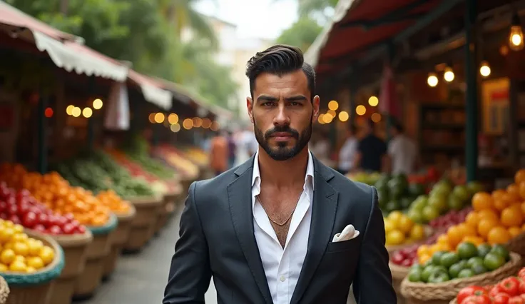 create a handsome man with Spanish ethnicity, elegant, low beard, brown eyes, at a fruit market in Rio de Janeiro