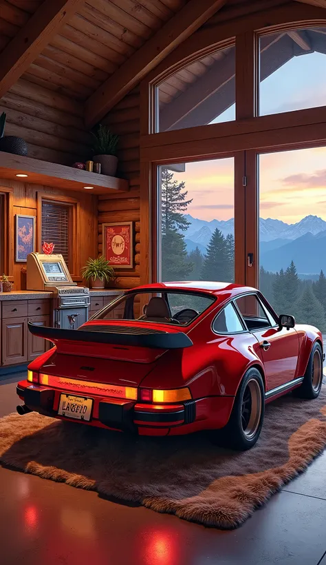 An ultra-refined, hyper-detailed Da Vinci-style painting of an opulent 1980s wooden cabin mansion in Montana, meticulously crafted to showcase every luxurious detail. At the heart of the scene sits a custom-made, modified Japanese JDM version of a Porsche ...