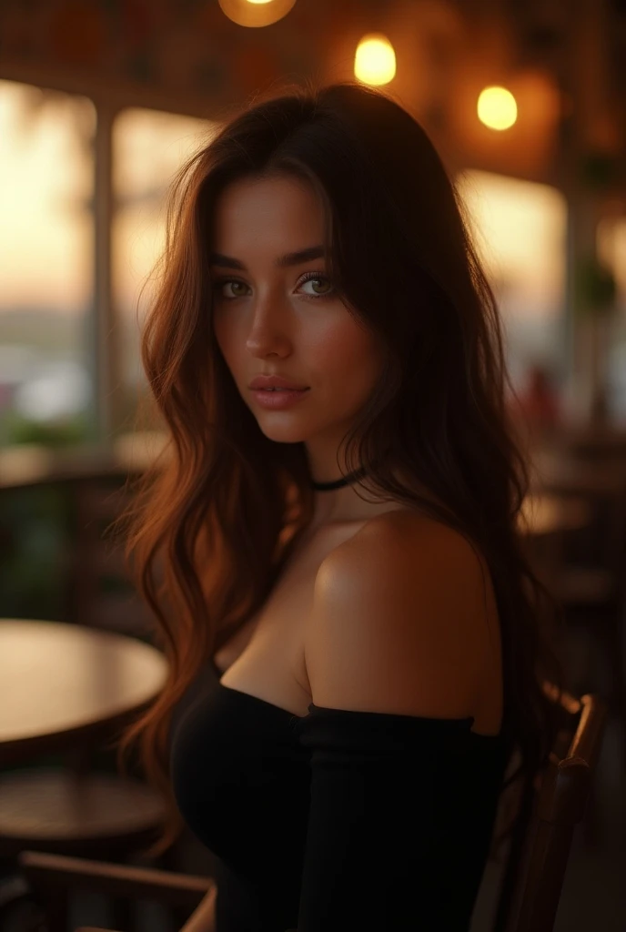 Belle brune portant un haut noir (in a modern cafe at sunset), very detailede, 21 ans, visage innocent, tetas grandes, natural long brunette hair, green eyes, high resolution, head of&#39;artwork, best quality, intricate details, very detailed, mise au poi...