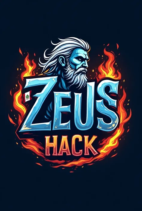 I want a logo that says Zeus Hack in light blue and that has fire and the flag of Peru