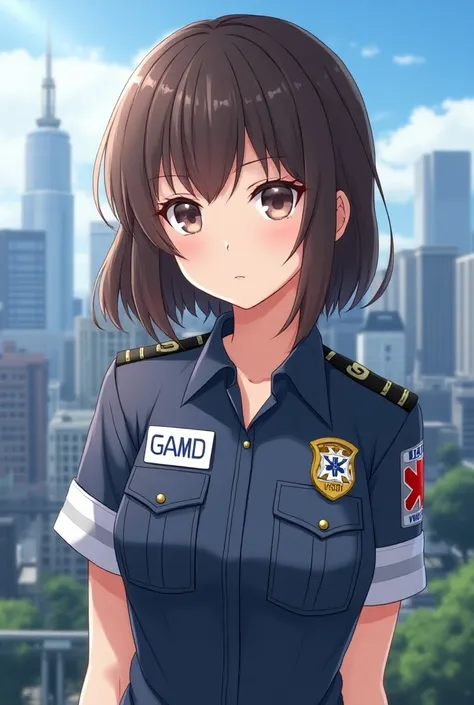 japanese woman in her 20s, paramedic, cute face, brown hair with fringe, city background