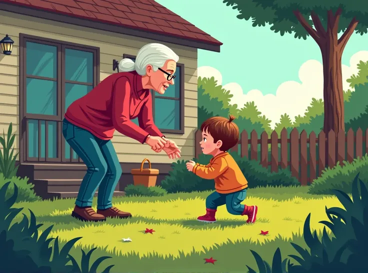 (masterpiece,Superior Quality,mirror-like,Cinematic Experience,Best illustrations),8k,wallpaper,Old woman playing with young kif in the backyard of a house in the style of marvel comic,Vector art,Flat Design