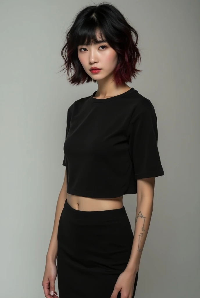 Korean woman with short wavy black and red hair with bangs wearing a cropped and a short black skirt,  Full body photoshoot style photo 