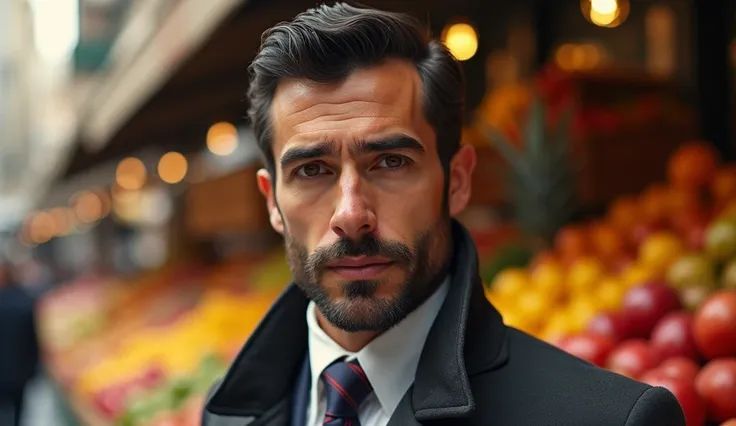 create a handsome man with Spanish ethnicity, elegant, low beard, brown eyes, at a fruit market in madrid