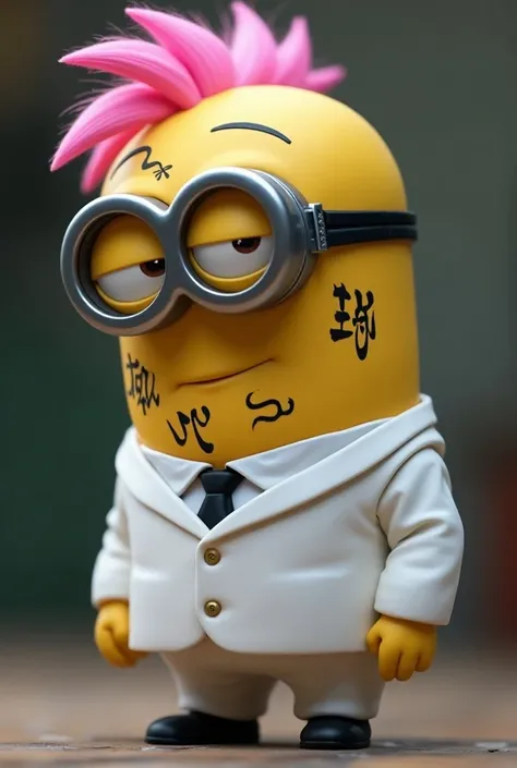 A yellow Minion with the same tattoos on Sukunas face, del anime de jujutsu kaisen, with a white suit and pink hair