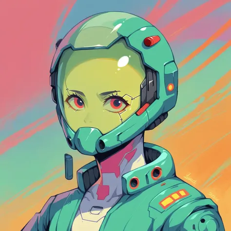 (masterpiece,best quality,ultra detailed,ultra high res,detailed background),((cyberpunk)),((flat color)),((colorful)),(1girl),pilot,pilot helmet,pilot jacket,looking at viewer,solo,upper body,colored background,high contrast,contrasting colors,cowboy shot...