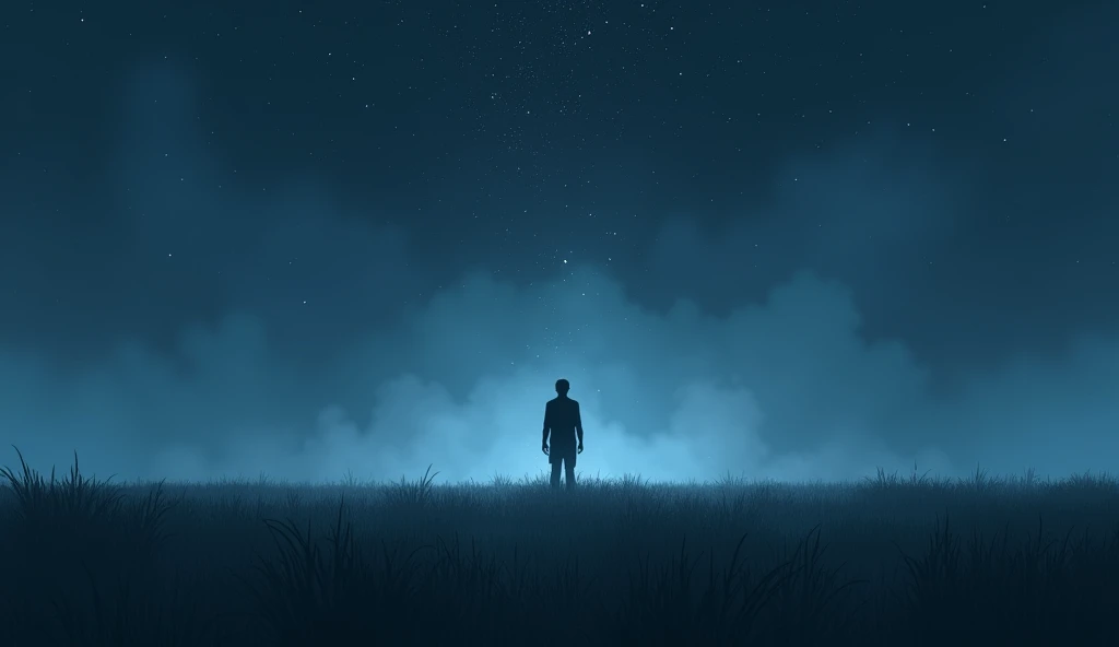 The protagonist alone in an open field at night, hearing the whispered sound of "paani" (water) around him.


