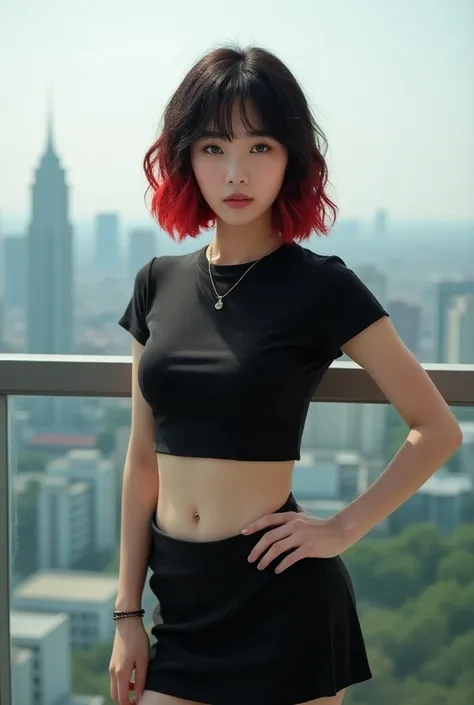 Korean woman with short wavy black and red hair with bangs wearing a cropped and a short black skirt, on a balcony, Full body photoshoot style photo 