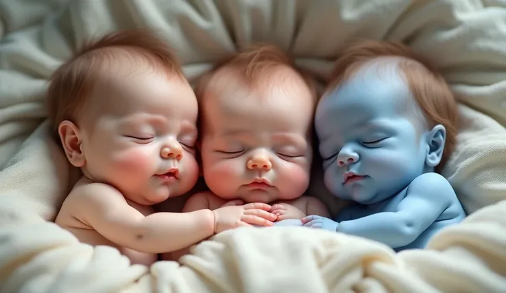 A row of 3 baby boys together in a bed and one baby boy with blue body colour 