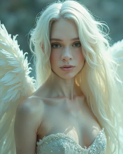    a close up of a woman with Whites and a white wig,  portrait of an albino mystic , Karol behind uhd,  Kerli Kuiv  , Amano and Karol Bak, a stunning young and ethereal figure,   angelic dress without straps in tulle fabric  ,   dress that fits without st...