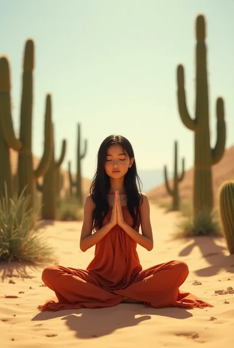 Enfant mexicaine assise les yeux fermés et les mains jointes faisant du yoga dans le desert mexicain. Avec beaucoup de cactus. 