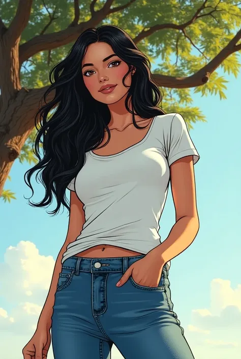 Dans un style comics, une belle latina de 20 ans, aux cheveux noirs long et bout de mèches violettes, habillée dun jean troué et dun tee-shirt blanc, a la silhouette fine et athlétique, chute la tête en arrière des branches dun arbre.