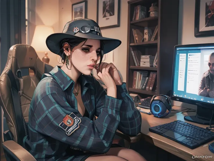 Chico Moreno gamer wearing a black flannel Call of Duty hat sitting in his room in front of his computer