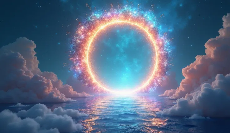 A mystical portal, resembling a radiant archway or a spiral of light, floating in a dreamlike space. The portal is surrounded by colorful energies and ethereal patterns, symbolizing the transition to higher consciousness and spiritual growth. It invites vi...