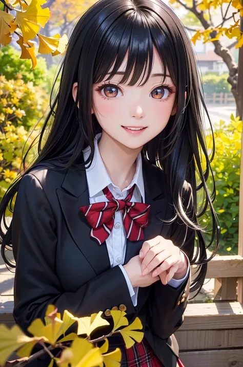 ( Best Quality , High image quality,8k, detailed background of inerity, masterpiece:1.2), beautiful girl,( Shiny black hair :1.3),(Long Hair:1.2) ,beautiful red eyes,autumn, school uniform,blazer,skirt,(zettairyoiki:1.2),A gentle gaze,Refreshing look,Best ...