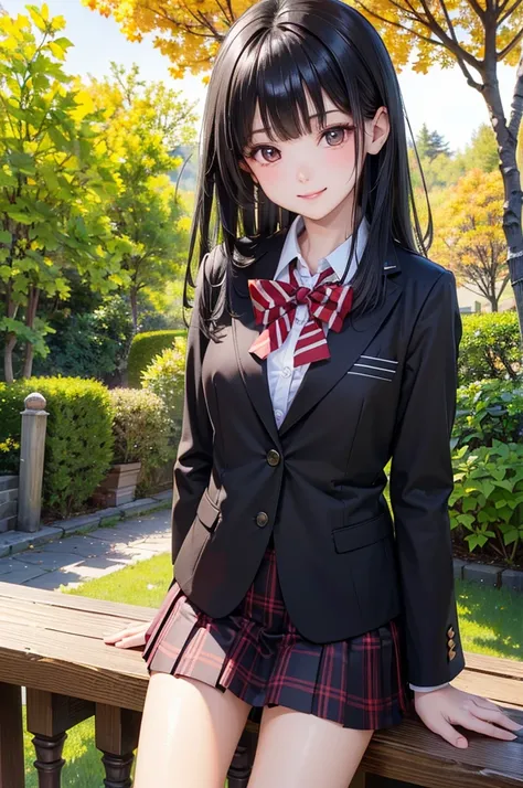 ( Best Quality , High image quality,8k, detailed background of inerity, masterpiece:1.2), beautiful girl,( Shiny black hair :1.3),(Long Hair:1.2) ,beautiful red eyes,autumn, school uniform,blazer,skirt,(zettairyoiki:1.2),A gentle gaze,Refreshing look,Best ...