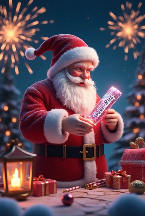  A 3D render with painting techniques of Santa Claus holding a mesmerizing, transparent glass and glitter pencil that emits a dazzling array of magical colors. Santa is effortlessly writing the name "Cesar Ruíz" in elegant, vibrant lettering. At the heart ...