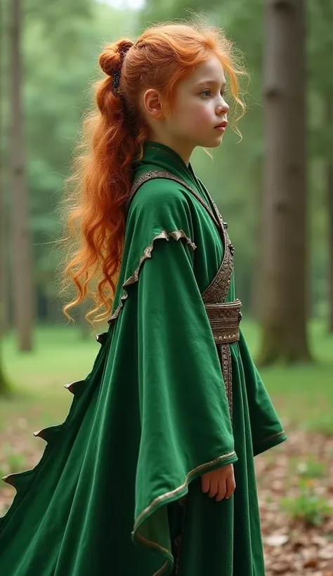 Jeune fille aux cheveux bouclés roux vêtue dune longue robe verte inspirée dun dragon,ntier 