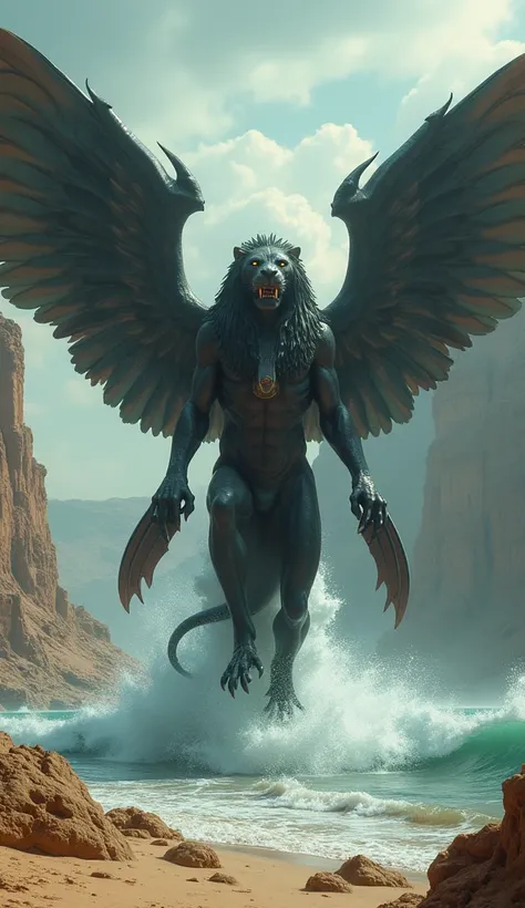 Create an image of a monstrous hybrid creature that merges the majestic yet fierce Sphinx, with the face of an ancient Egyptian woman and the body of a lion, and the sleek, aggressive traits of a Seal. This entity should have the lion-like body of the Sphi...