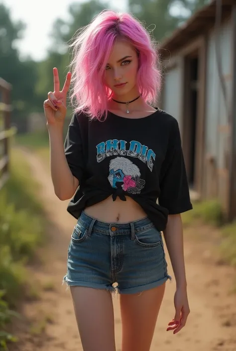 mid teen woman, (black shirt with picture), short denim hot pants, sneakers, pink eyes, pink and cyan messy mid long hair, ranch back ground doing peace sign, photorealistic, realistic, highly detailed, 8k, masterpiece