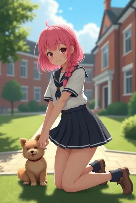  Create an image of an imaginary teenage friend who has a braid in her hair and the color is pink. She has a little dog and its from a movie . She wears a school uniform 