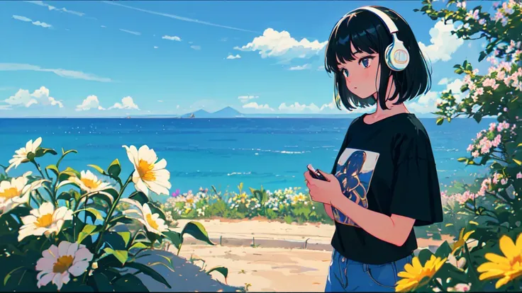 ((cowboy shot)), (lo-fi, retro, pale color, low contrast), (1girl, black hair, black eyes, t-shirt, headphone), (summer sky, flower garden with a view of the sea in the distance), (dreamy atmosphere, nostalgic)