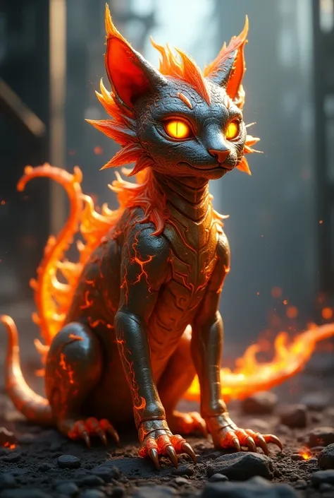 Pokemon type metal et feu melange de chat et de dragon avec des griffe acérées 