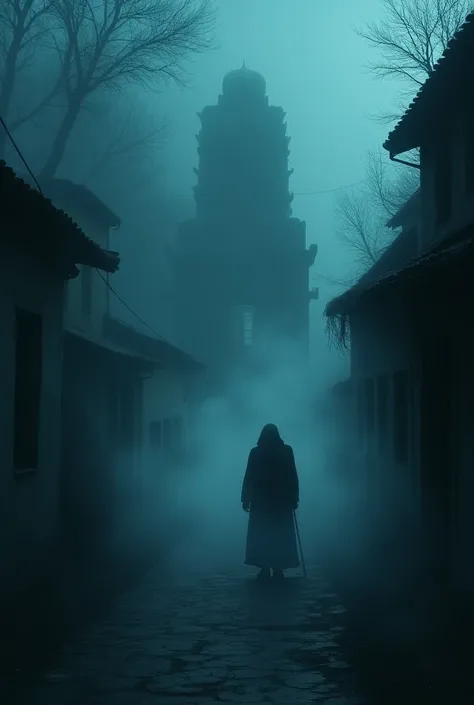 *A dark, empty village street at night, with an ancient, eerie temple partially hidden in shadows. Dense mist and an old, hunched man stands near the temple, slightly translucent, giving a ghostly aura.*
