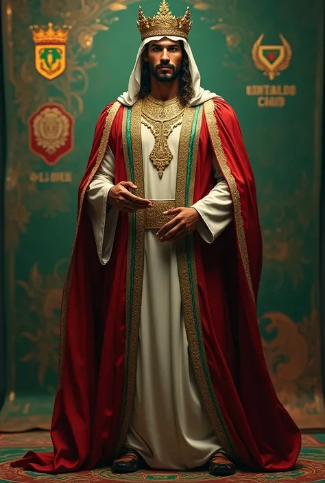 "A powerful Middle Eastern king with features inspired by Cristiano Ronaldo, dressed in royal attire with a golden, clean shave with no beard , traditional Saudi robe and an ornate crown. The background displays symbols associated with Al Nassr Football Cl...