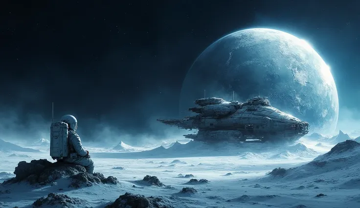 panorama, sideways, space, you can see a crashed starship, lonely astronaut sits near the remains of a starship and looks at it, snow, loneliness, lonely dark space, Saturn Moon