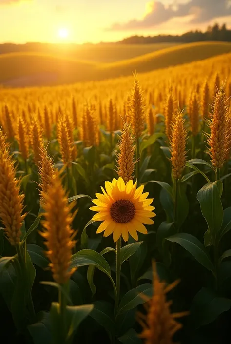  An aerial view of a cornfield with autumn light. Dans ce champ, at the same level as maize , on devine un tournesol.