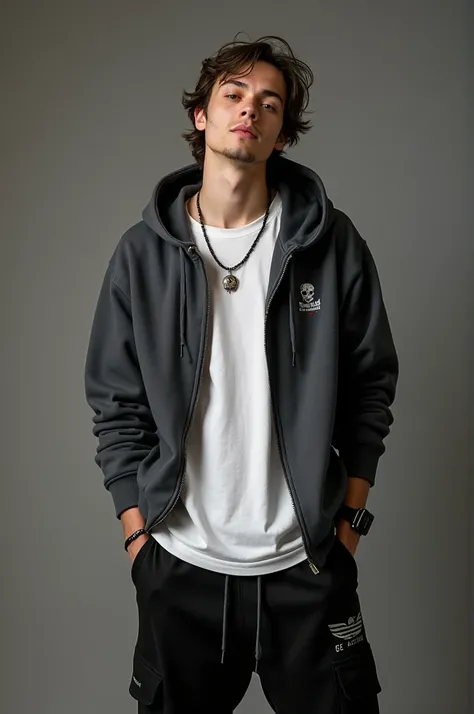  A young man dressed in a nu metal style from the early 2000s ,  wearing a comfortable outfit for being at home .  He wears a dark gray hoodie without closure ,  with a small graphic of a skull or band logo on his chest ,  giving it a Play subtle but in ke...